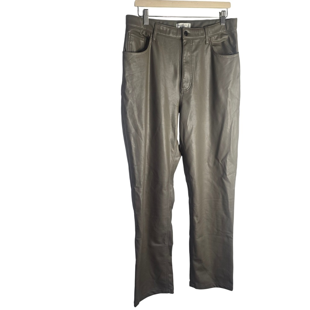 Abercrombie & Fitch 90s Straight Vegan Leather Pants Women 14L Olive Green Faux